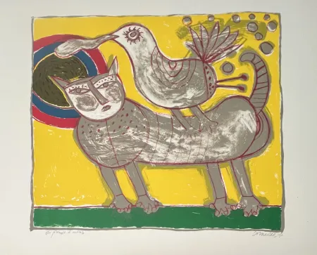 リトグラフ Corneille -  Lithographie Chat et oiseau - Au coeur de l'été - 1990