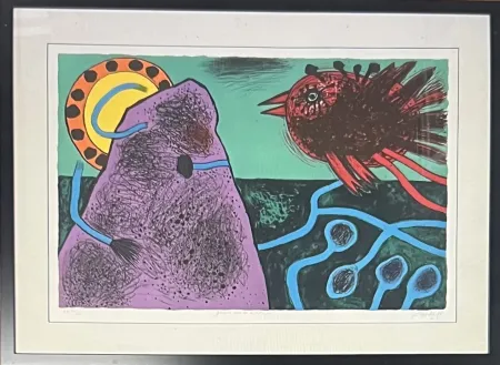 リトグラフ Corneille - Lithographie encadrée Aurore sur la montagne, 1991