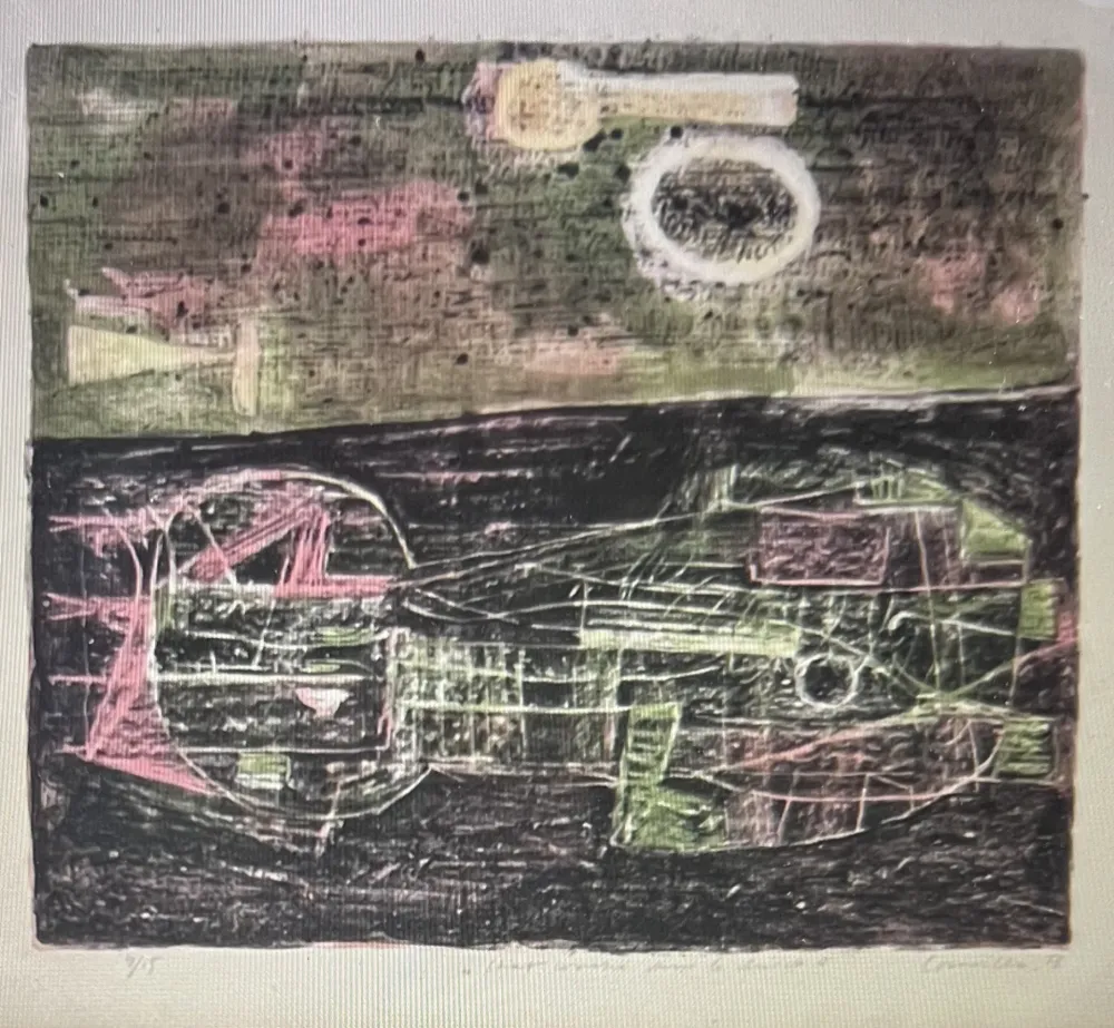 リトグラフ Corneille -  Lithographie encadrée Chat couché dans le désert 1953