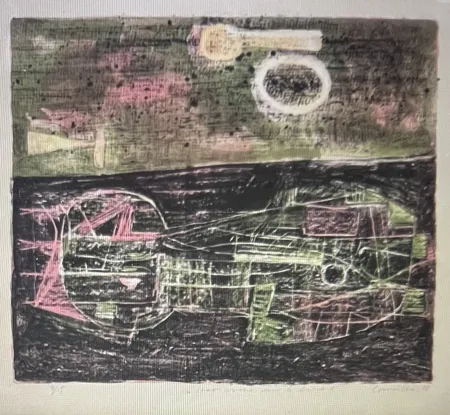 リトグラフ Corneille -  Lithographie encadrée Chat couché dans le désert 1953