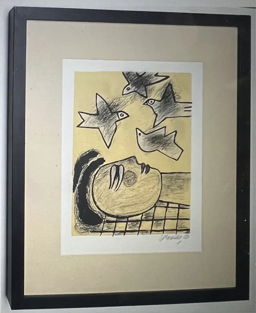 リトグラフ Corneille - Lithographie encadrée Farandole d'oiseaux - A la plage 2002