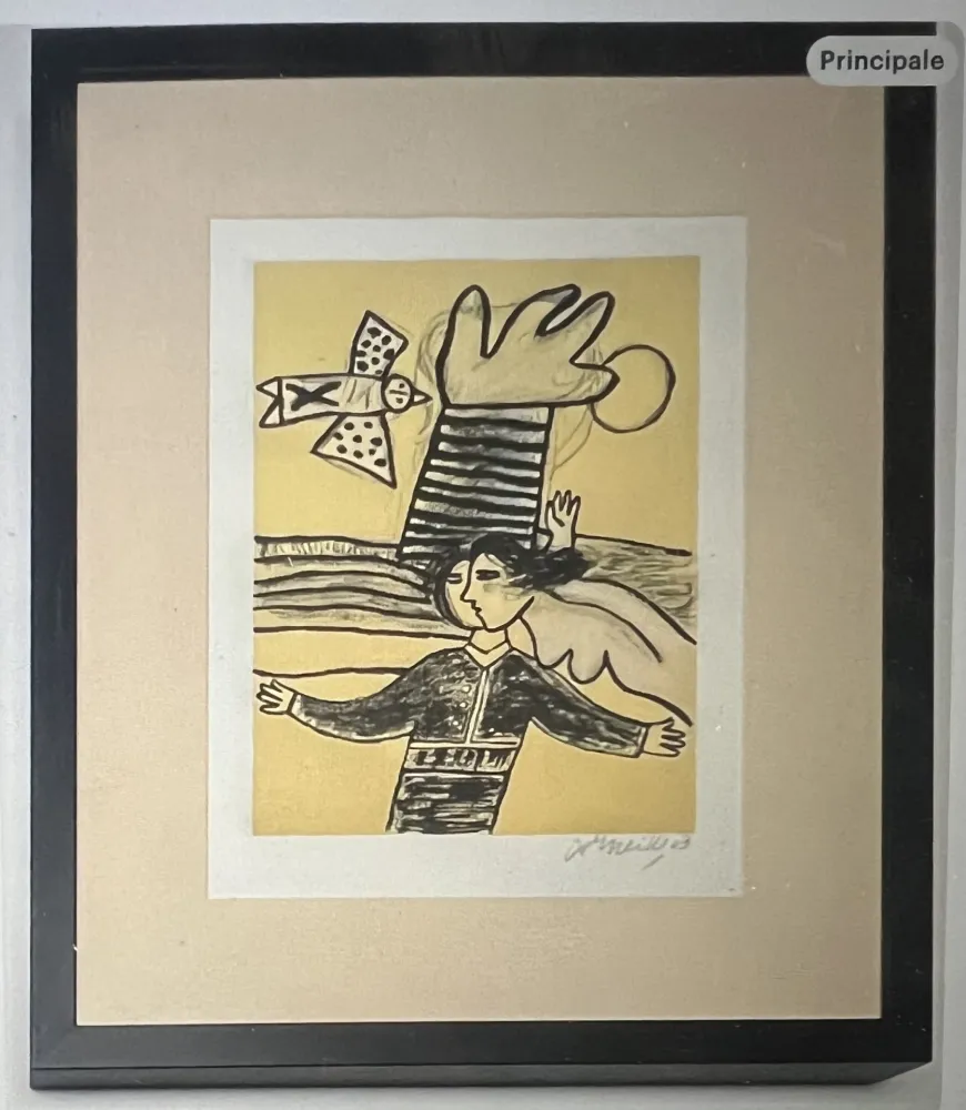 リトグラフ Corneille - Lithographie encadrée Femme et oiseau  - A la plage 2002