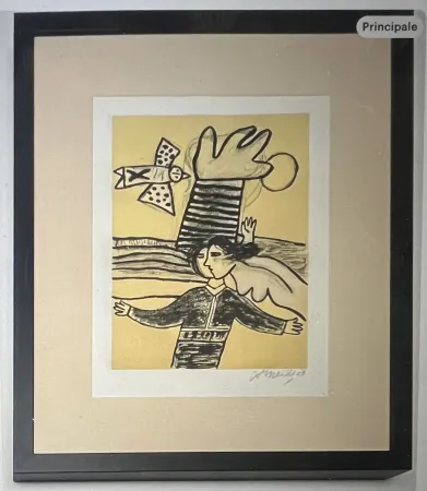 リトグラフ Corneille - Lithographie encadrée Femme et oiseau  - A la plage 2002