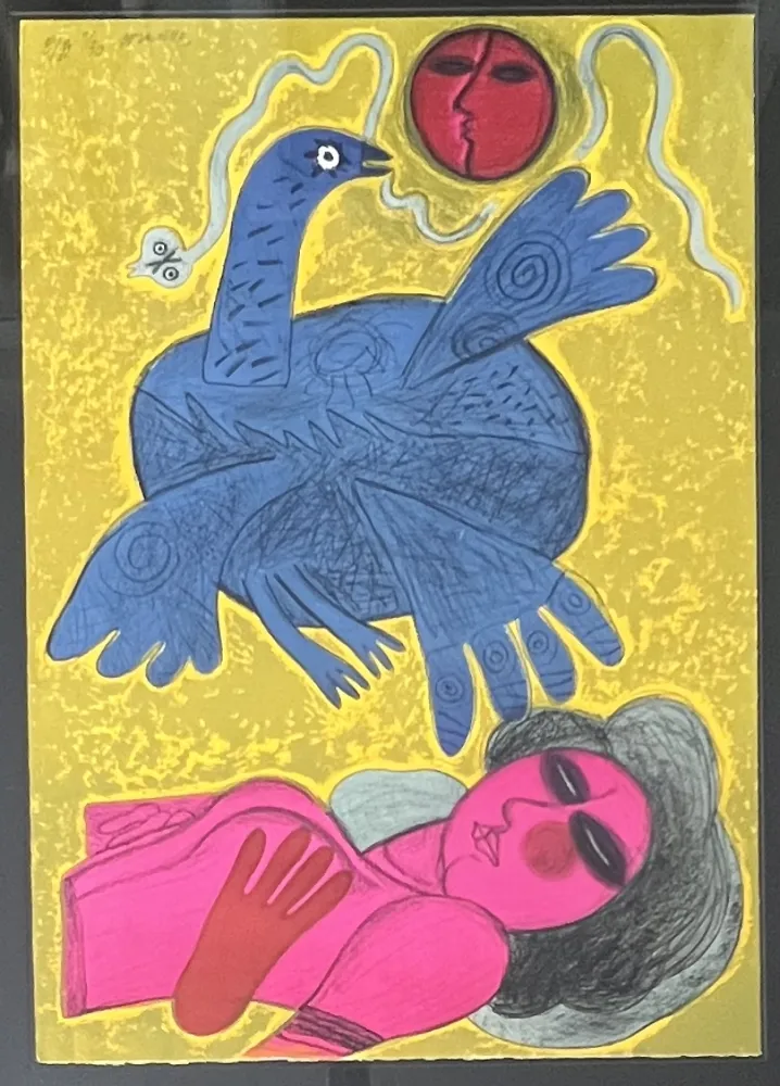 リトグラフ Corneille - Lithographie encadrée L'oiseau Cobra 1988