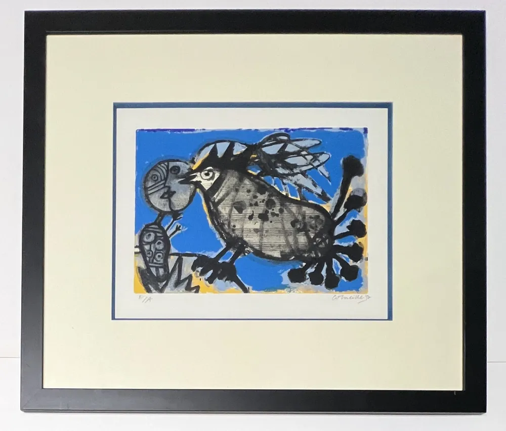 リトグラフ Corneille - Lithographie encadrée : l'oiseau musical, 1992