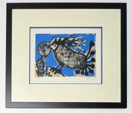 リトグラフ Corneille - Lithographie encadrée : l'oiseau musical, 1992