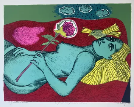 リトグラフ Corneille - Lithographie Femme à la fleur australienne, 1988