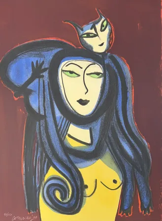 リトグラフ Corneille - Lithographie Femme au chat 1998