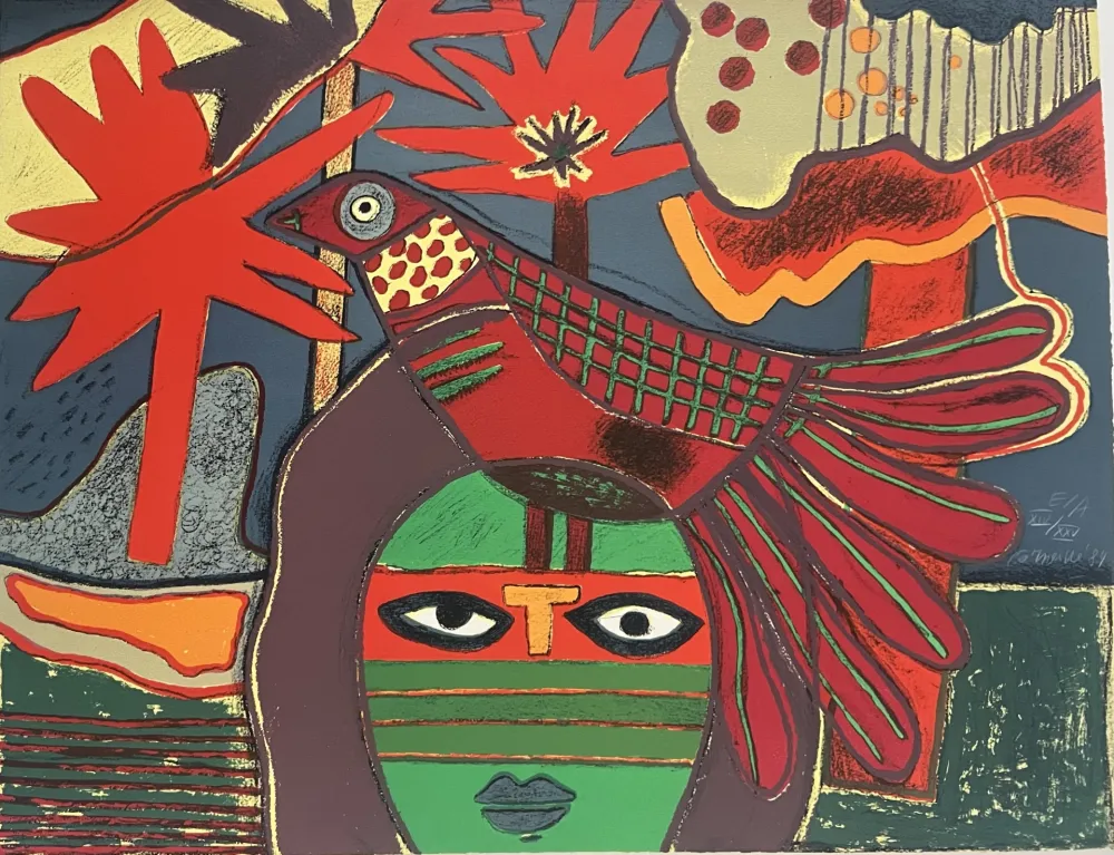 リトグラフ Corneille - Lithographie Femme et Oiseau à l'arbre rouge 
