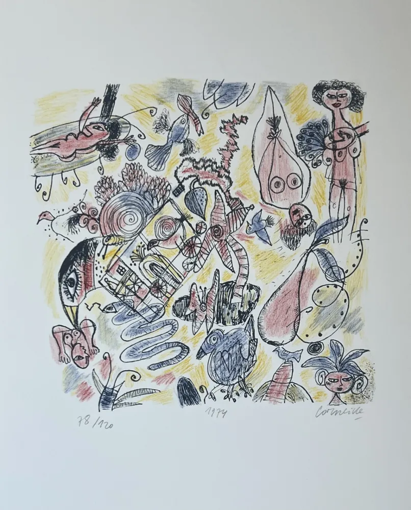 リトグラフ Corneille - Lithographie Femmes et Oiseaux 1974