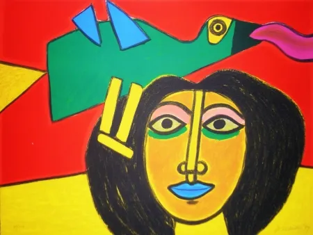 リトグラフ Corneille - Oiseau vert