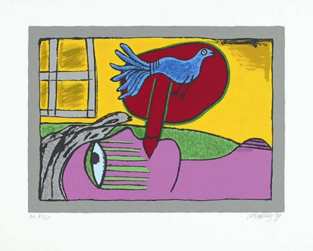 シルクスクリーン Corneille - Regard sur l'oiseau