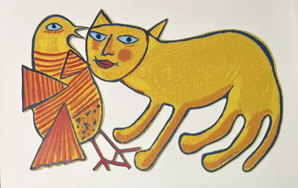 多数の Corneille - Sculpture en métal : Chat et oiseau