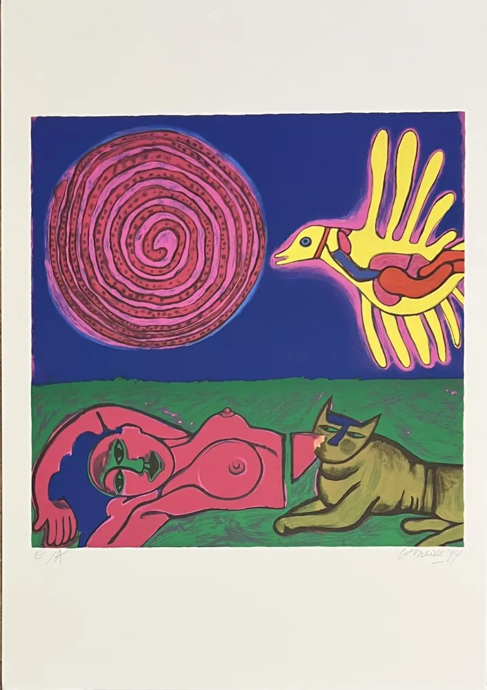 シルクスクリーン Corneille - Sérigraphie Femme, Chat et oiseau, 1994