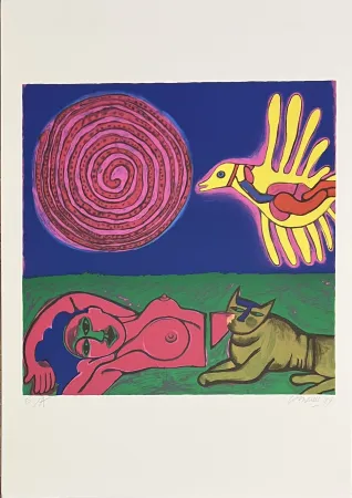 シルクスクリーン Corneille - Sérigraphie Femme, Chat et oiseau, 1994