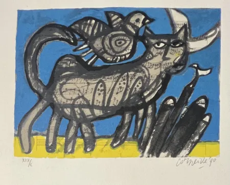 シルクスクリーン Corneille - Sérigraphie signée, Chat sur partition de musique , 1990