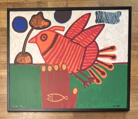 シルクスクリーン Corneille - Sérigraphie sur toile signée Oiseau Libre Cobra - Encadrée