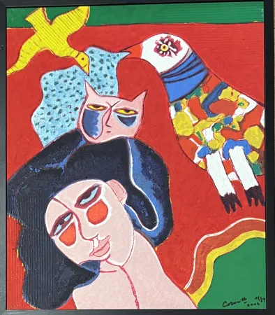 多数の Corneille - Terragraphie signée sur toile Femme Chat Oiseau