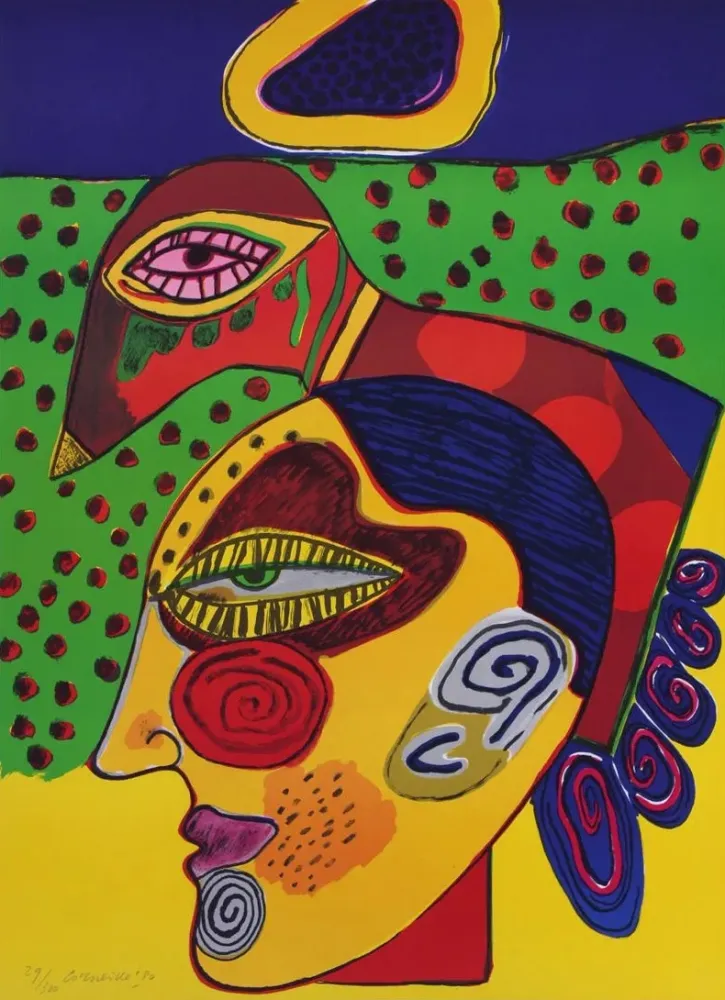 リトグラフ Corneille - Tête de femme et oiseau pensif