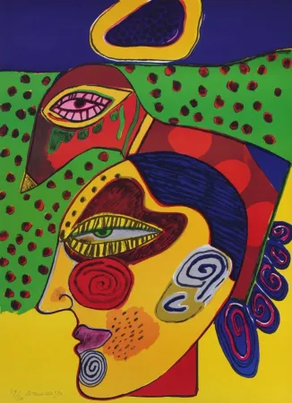 リトグラフ Corneille - Tête de femme et oiseau pensif