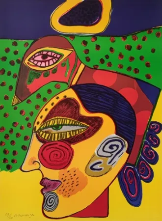 リトグラフ Corneille - Tête de femme et oiseau pensif