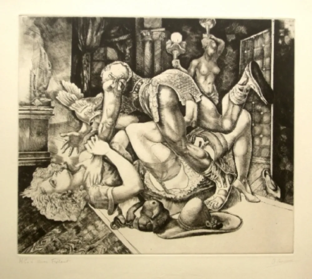 エッチング Courmes - Dame journaliste bousculée par un personnage comique