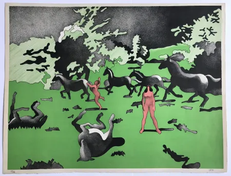 リトグラフ Cueco - Sans titre (chevaux et bergers)