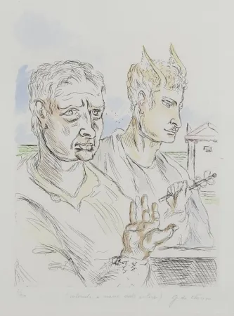 シルクスクリーン De Chirico - Giorgio De Chirico (1888–1978) - Autoritratto con mercurio - Hand-colored engraving by the artist - 1969