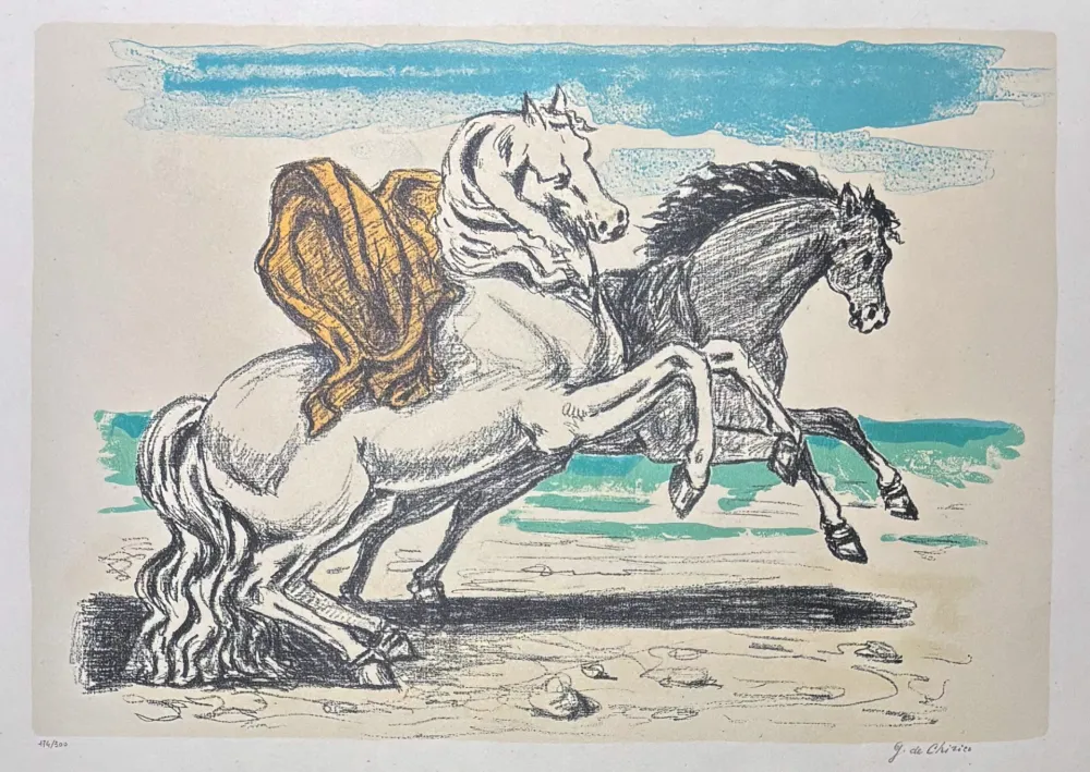リトグラフ De Chirico - Giorgio De Chirico (1888–1978) – Cavalli sulla spiaggia – 8-colour lithography – 1970