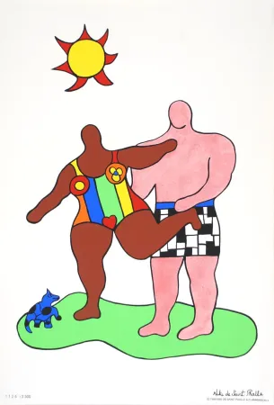 シルクスクリーン De Saint Phalle - Nana brune et baigneur rose