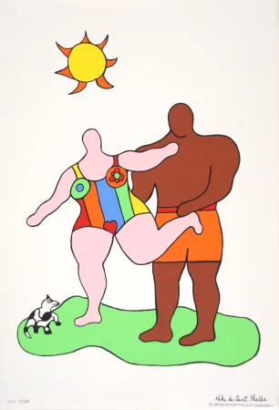 シルクスクリーン De Saint Phalle - Nana rose et baigneur brun