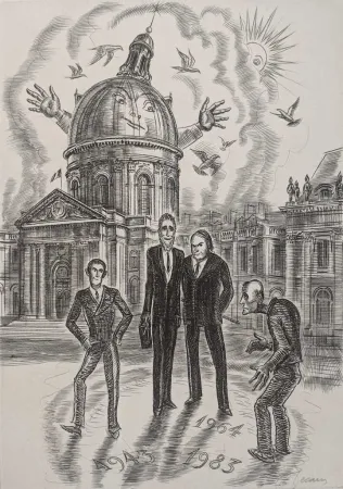 エッチング Decaris - Devant l'Académie Française