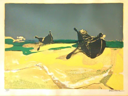 リトグラフ Defossez - Deserted Boats - Beautiful Vintage Lithograph