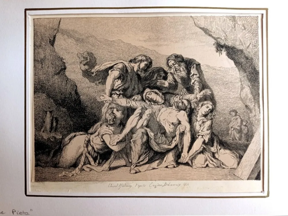 彫版 Delacroix - La Pietà, 1844- Pierre Edmond Alexandre Hédouin, Gravure, epreuve d'artiste, 1844
