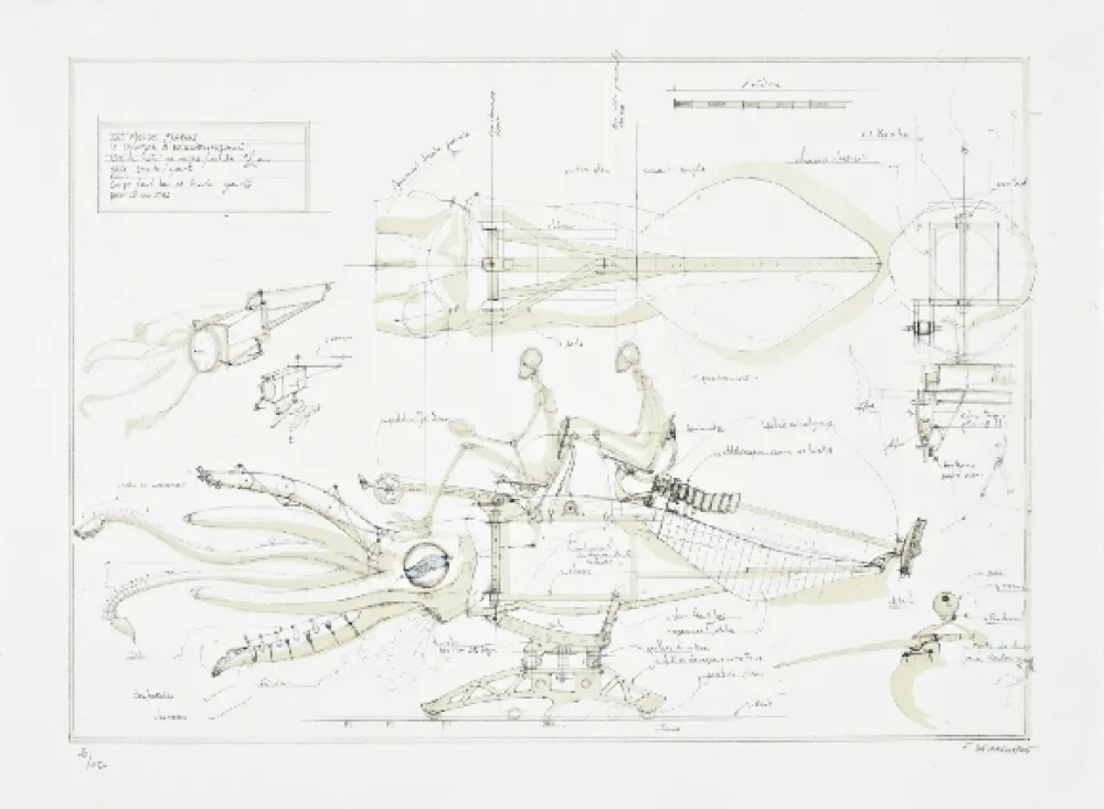 リトグラフ Delarozière - Le calamar a retropropulsion