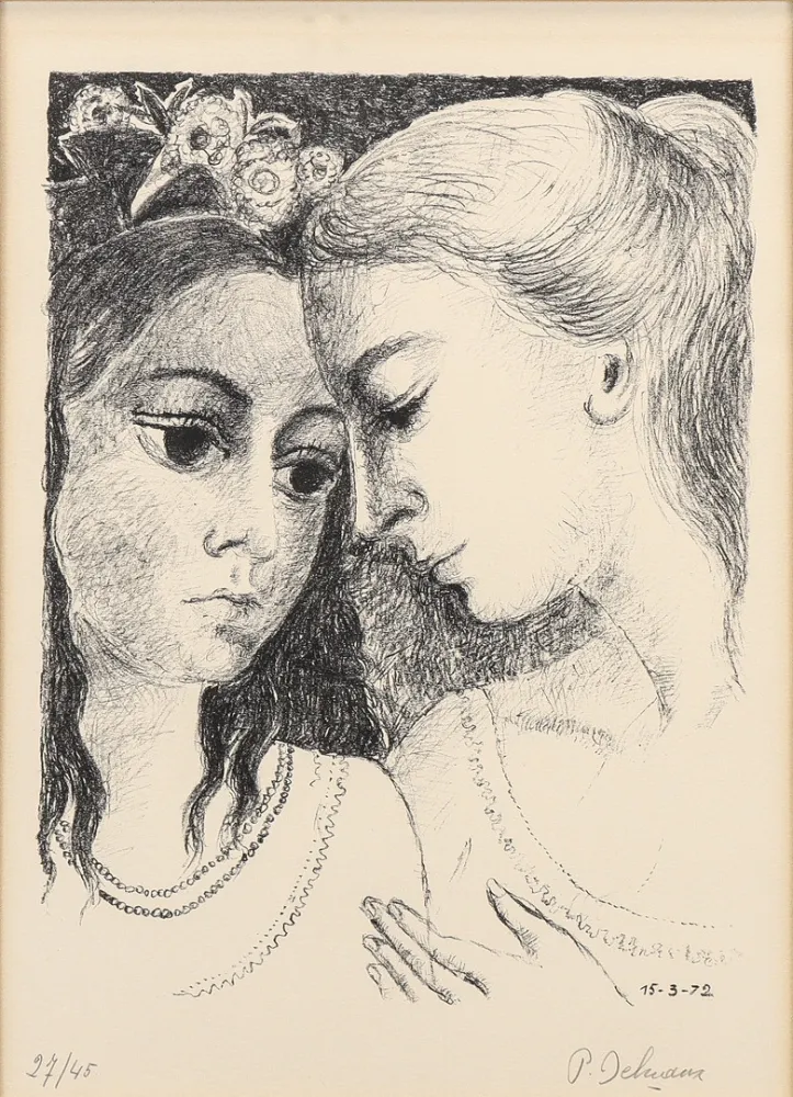 リトグラフ Delvaux - Paul Delvaux (1897–1994) - Secrets - Lithograph on Arches paper - 1972