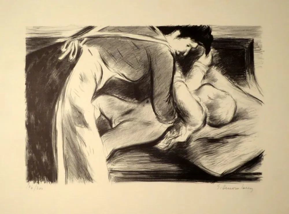 リトグラフ Dessouslavy - Eine Mutter bettet ihr Kind