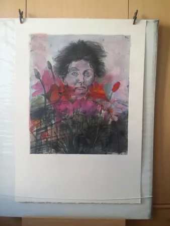 彫版 Dine - NANCY OUTSIDE IN JULY FLOWERS OF THE HOLY LAND (1979 )  GRAVURE SIGNEE ET JUSTIFIEE  AVEC REHAUTS DE COULEURS  EPREUVE UNIQUE sur arches creme  FORMAT 90 X  63 CM ENVIRON  RARE  CATALOGUE RAISONNE D OENCH & FEINBERG 61 P 89 