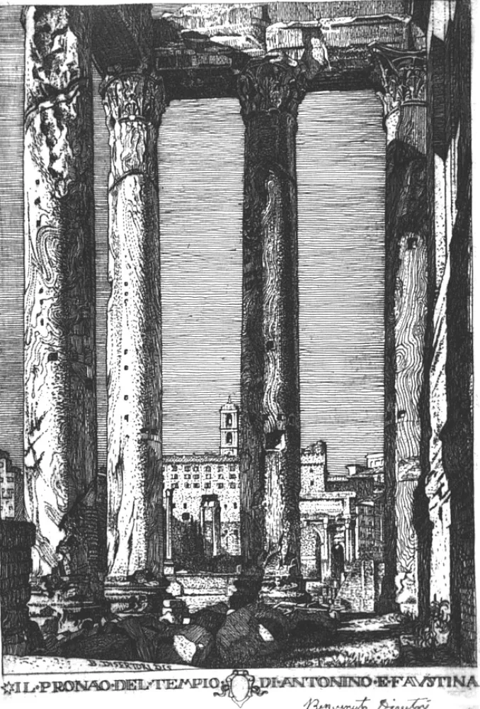 エッチング Disertori - Il pronao del tempio di Antonino e Faustina
