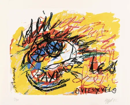 シルクスクリーン Dotremont - Soleil,/ crache tes rayons/ et mâche ton frein/ o vieux vélo