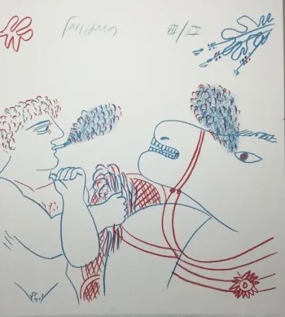 リトグラフ Fassianos - Le fumeur de cigarettes et le cheval