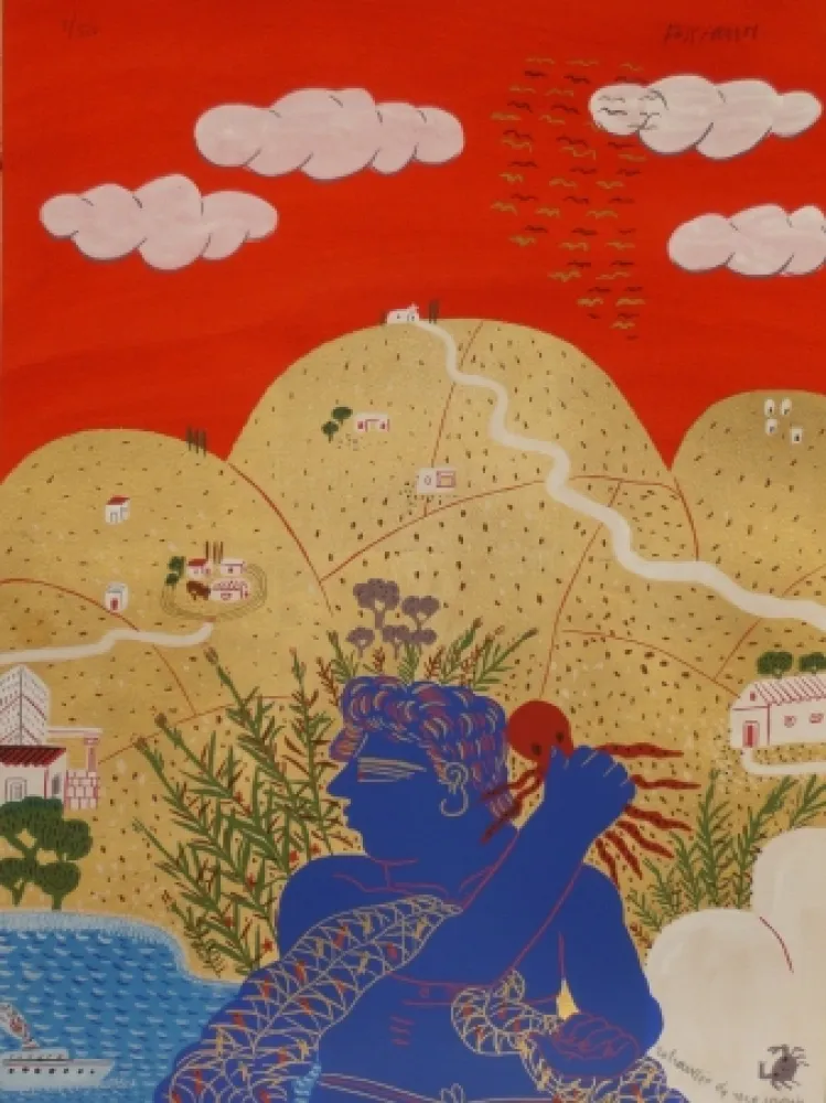 リトグラフ Fassianos - Un pêcheur