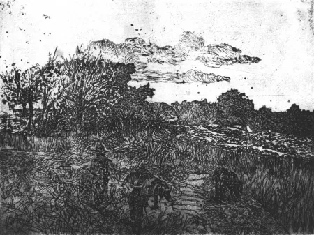 エッチング Fattori - Paese al tramonto (con guardiani di porci)