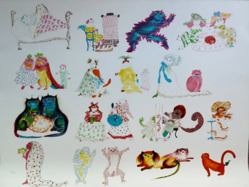 リトグラフ Fini - 24 Chats et un Oiseau