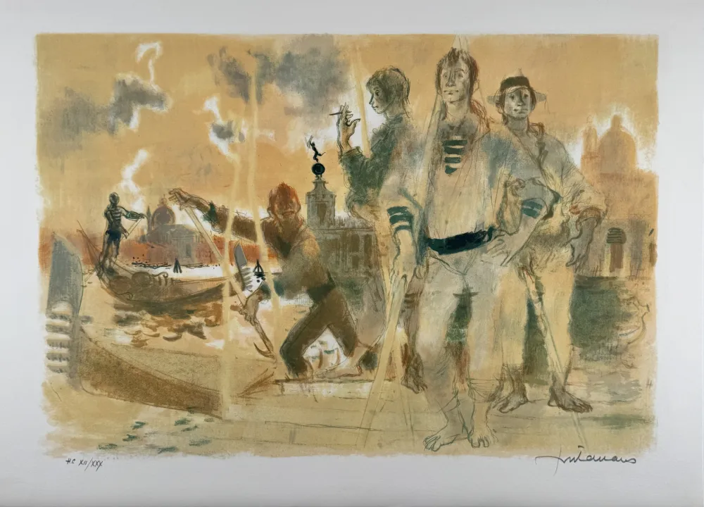 リトグラフ Fontanarosa - Gondoliers à Venise