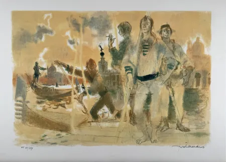 リトグラフ Fontanarosa - Gondoliers à Venise