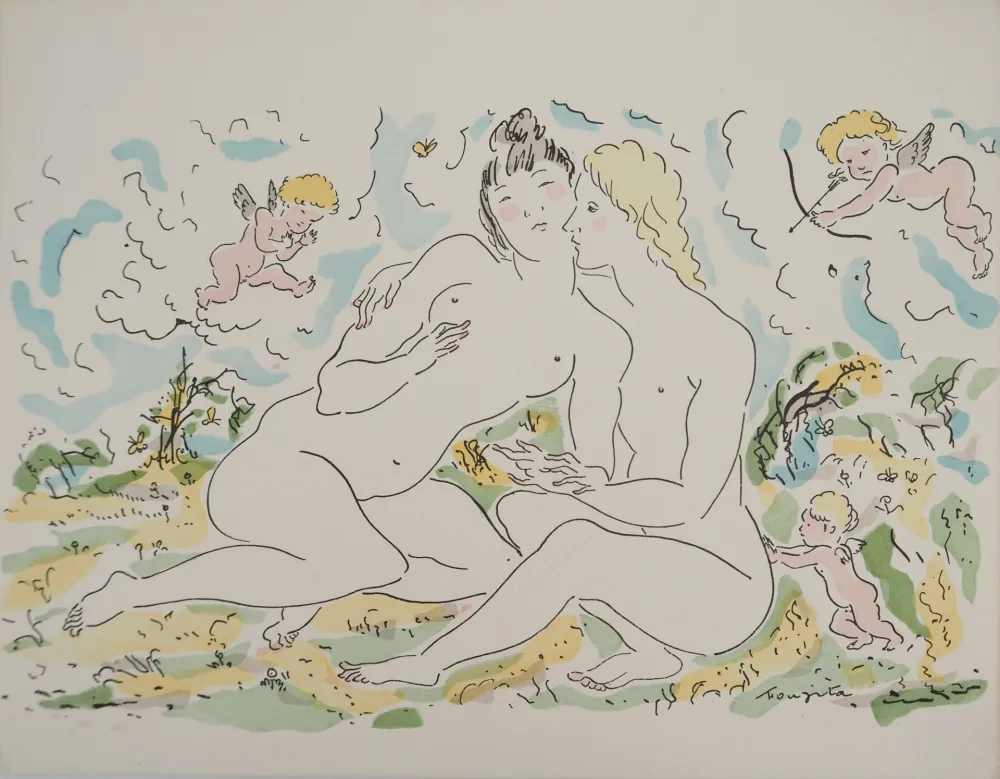 彫版 Foujita - Couple de femmes et chérubins