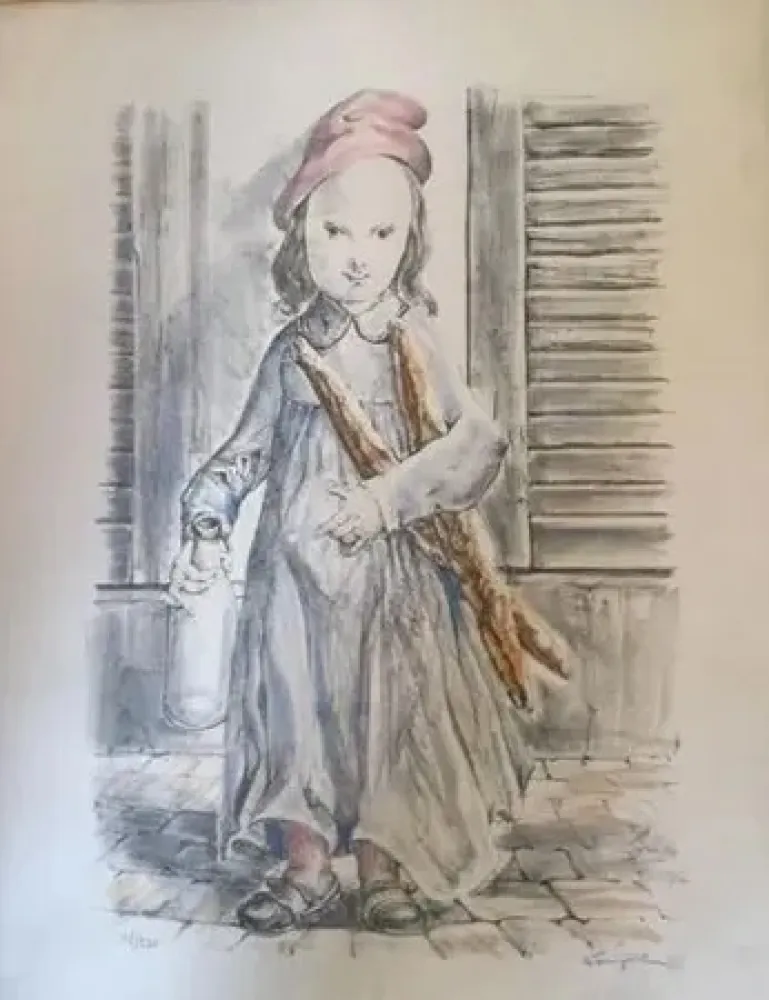 リトグラフ Foujita -  ''Fillette aux baguettes de pains'' ou ''Le matin'' circa 1956