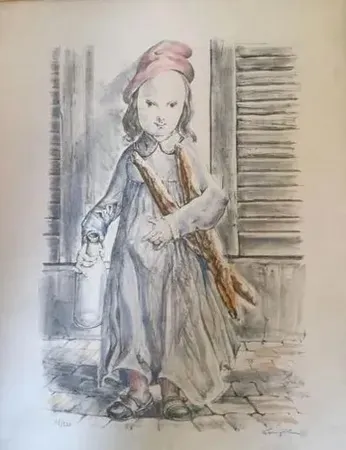 リトグラフ Foujita -  ''Fillette aux baguettes de pains'' ou ''Le matin'' circa 1956