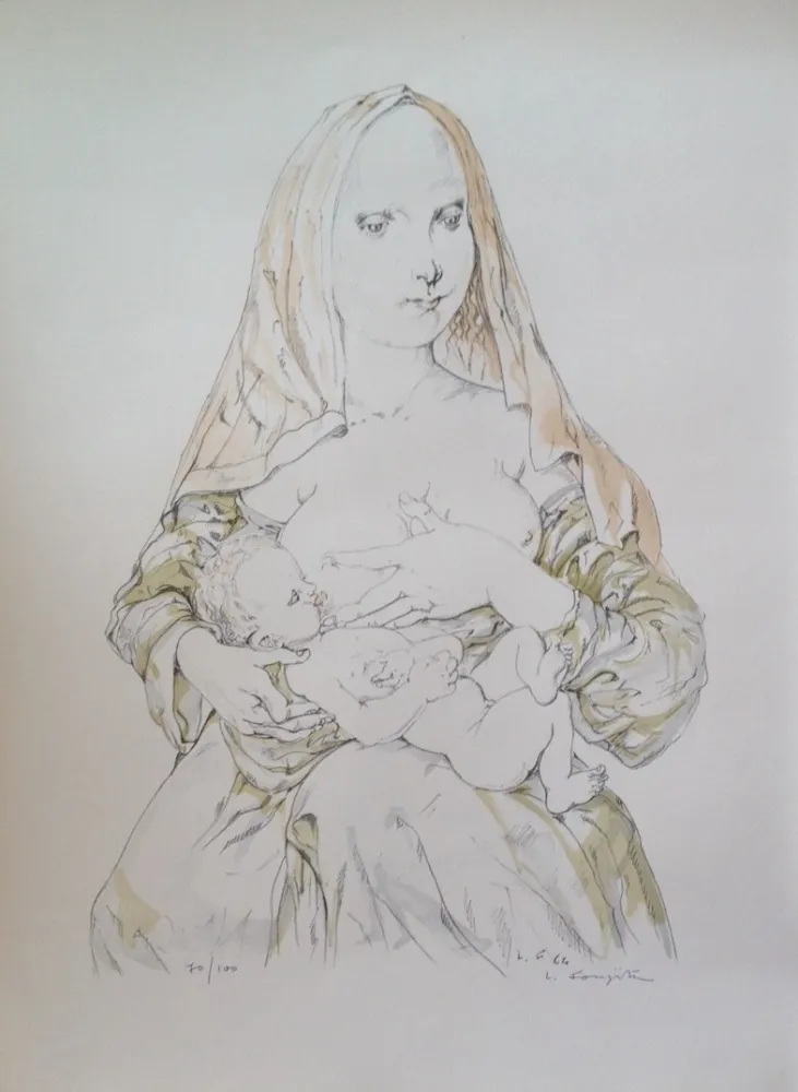 リトグラフ Foujita - MATERNITE AU VOILE ROUGE  (1964)